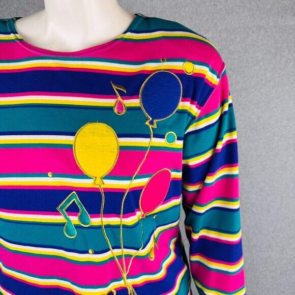 VTG Kathy White Sport Womans 1X Cardigan Shirt Music Stripes Ballon Teal Teacher - Picture 4 of 12